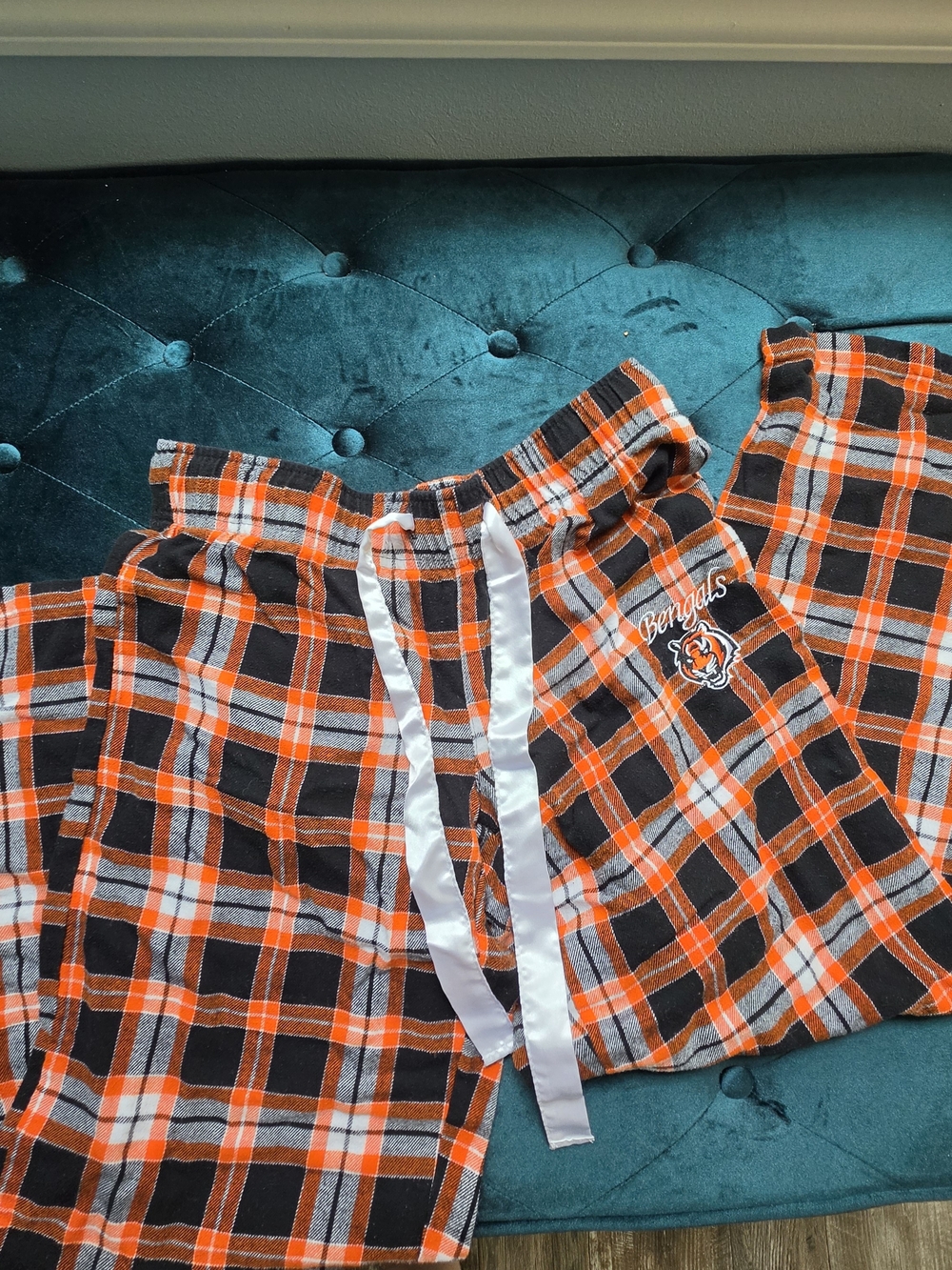 NFL Kids Orange and Black Plaid Pajama Bottoms with White Drawstring